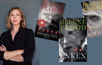 Helene Flood med bøkene "Terapeuten", "Elskeren" og "Enken".
