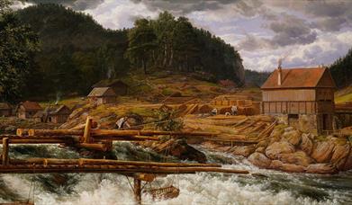 Hellefossen ved Hokksund, malt av J. C. Dahl i 1838.