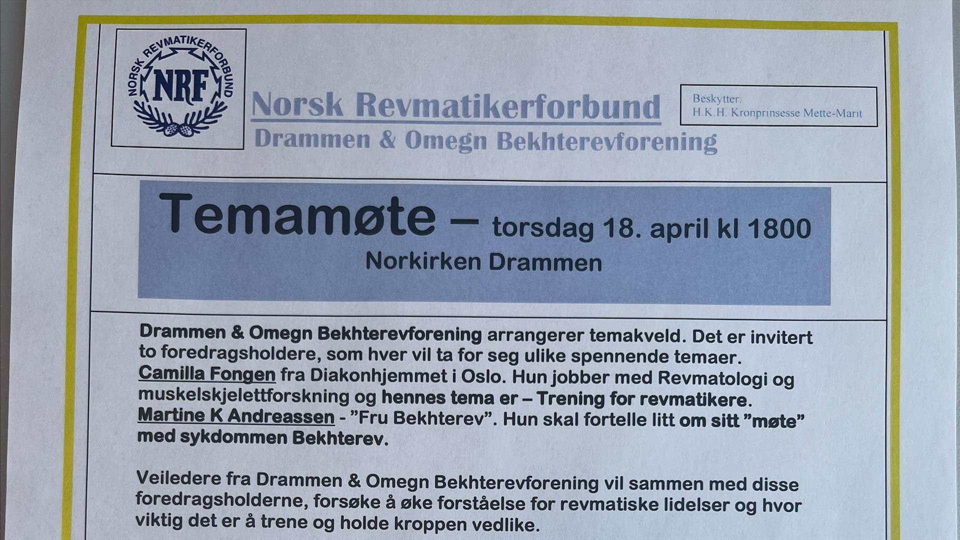 Temamøte 18.april - Drammen & Omegn Bekhterevsforening