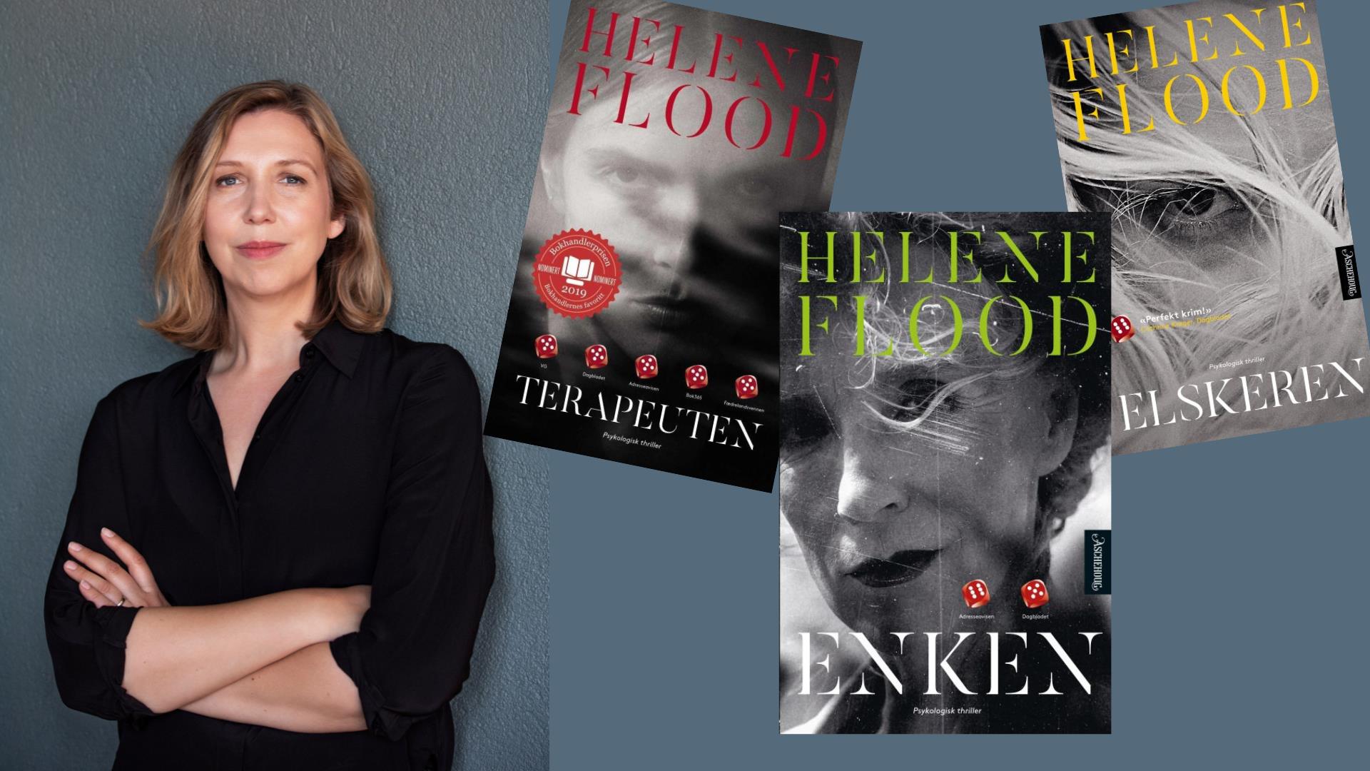 Helene Flood med bøkene "Terapeuten", "Elskeren" og "Enken".