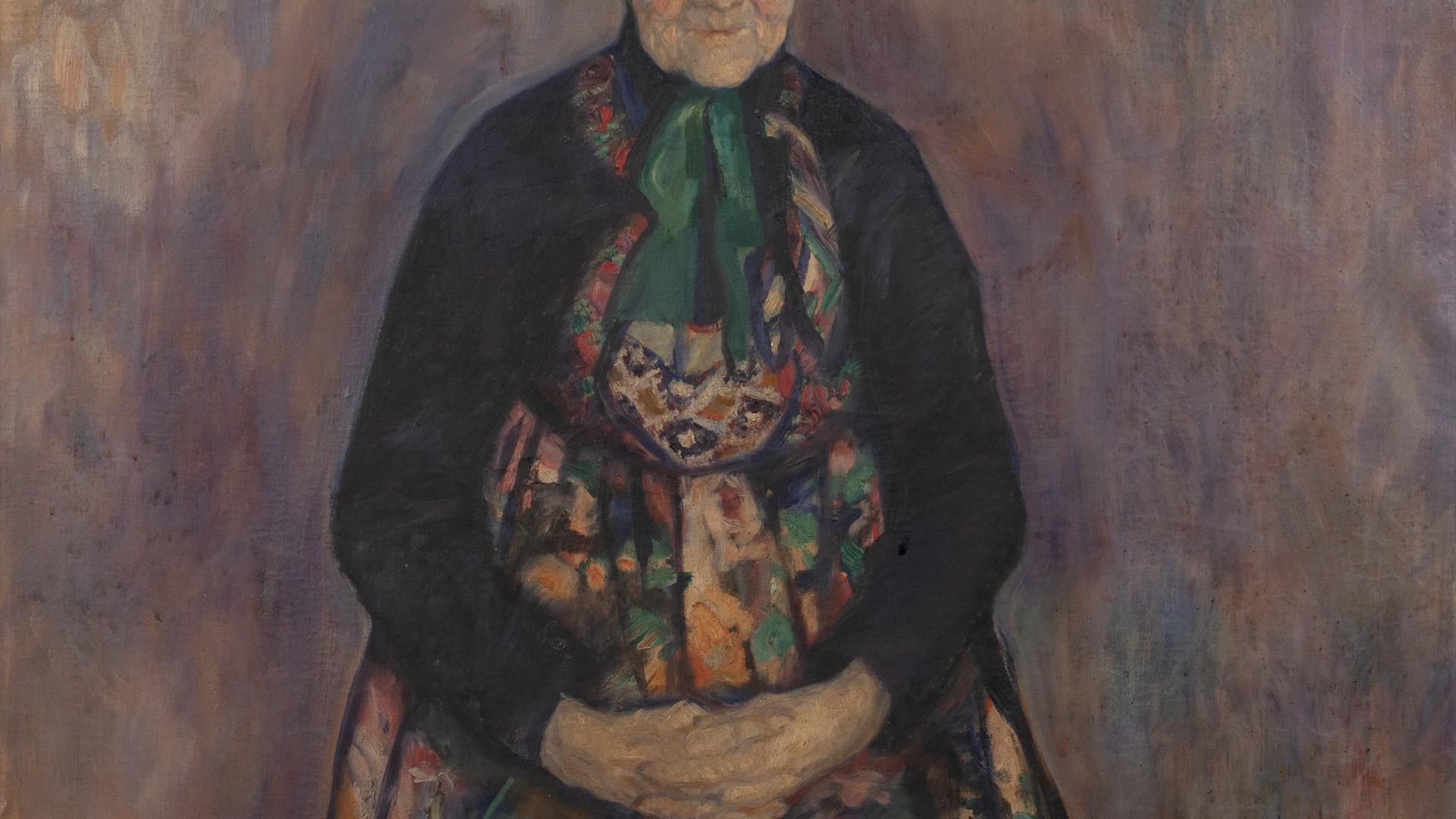 Kari Heie med "kjerringhugu", malt av Robert Wik i 1909.