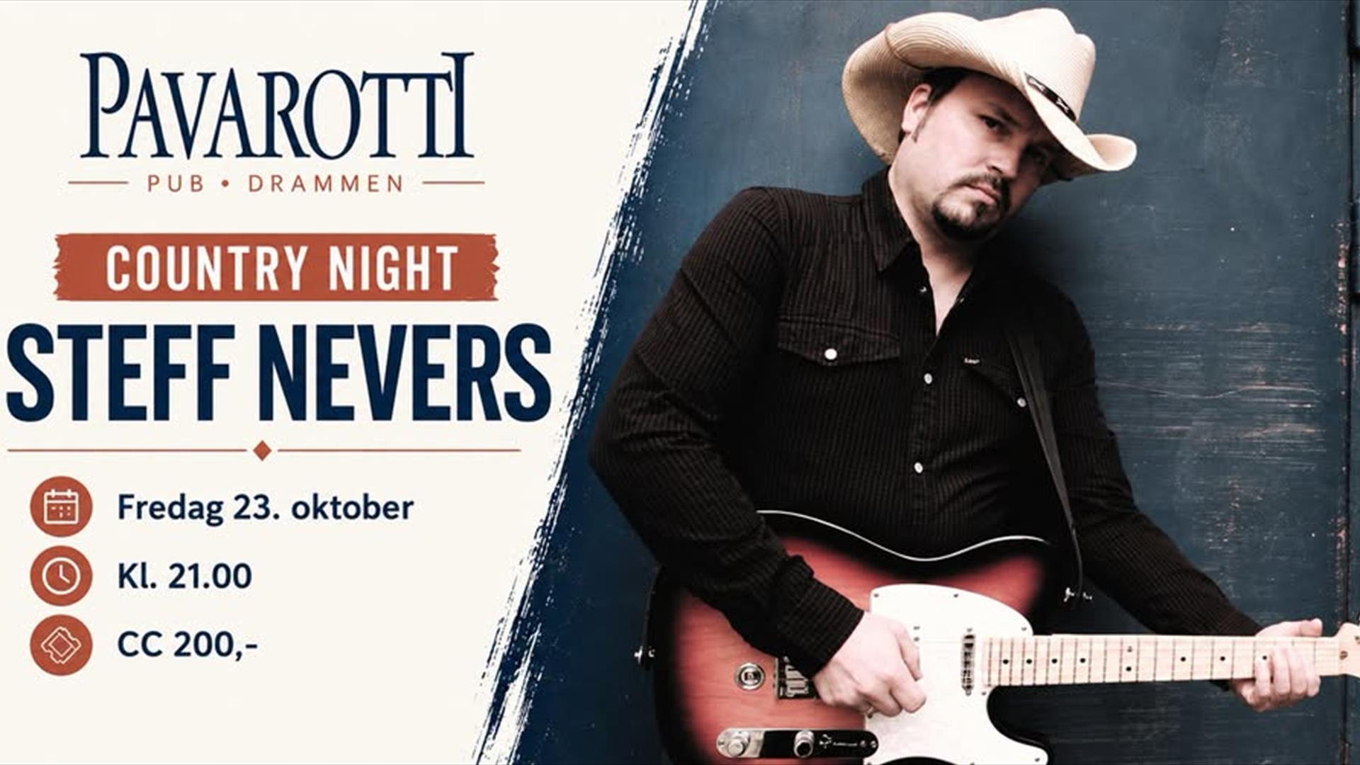 Steff Nevers med gitar – Country Night på Pavarotti 23. oktober