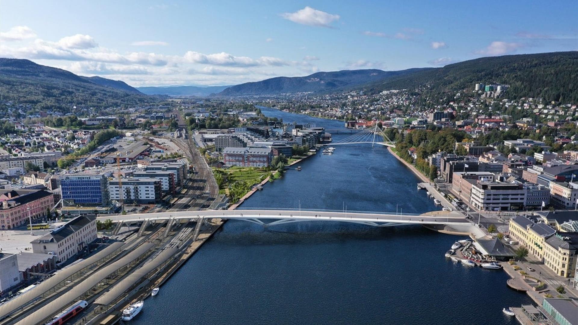 Illustrasjon av ny bybru i Drammen. Etter planen skal den stå klar høsten 2025