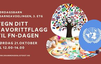 Bilder av barn som tegner, FN-logoen og et tre med blader lagd av flagg