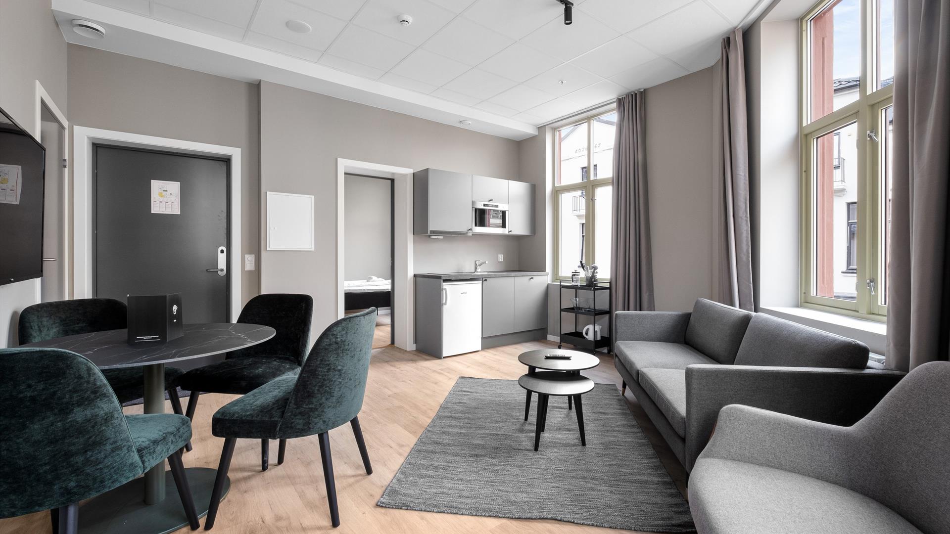 Forenom Service Appartments Drammen har ulike størrelser på sine leiligheter. Se alternativene på deres nettsider.