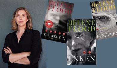 Helene Flood med bøkene "Terapeuten", "Elskeren" og "Enken".